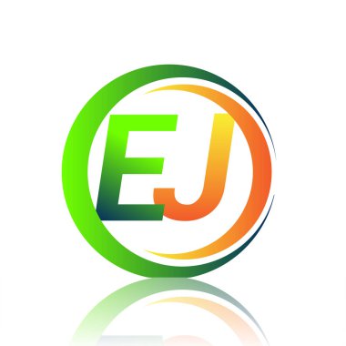 İlk harf logosu EJ şirketi daire ve swoosh tasarımında yeşil ve turuncu renkli. İş ve şirket kimliği için vektör logosu.