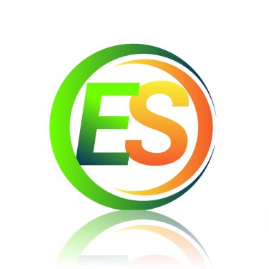 Çember ve swoosh tasarımı üzerinde yeşil ve turuncu renkli ilk harf ES şirketi adı. İş ve şirket kimliği için vektör logosu.