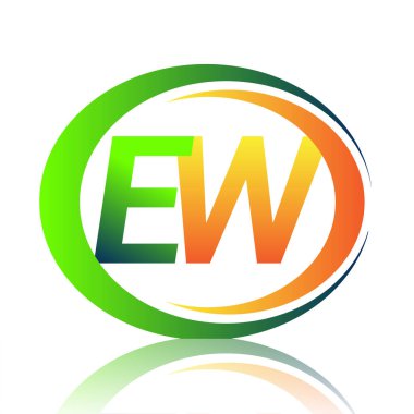 İlk harf logosu EW şirketi daire ve swoosh tasarımında yeşil ve turuncu renkli. İş ve şirket kimliği için vektör logosu.