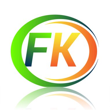 İlk harf logosu FK şirketi yeşil ve turuncu renkli daire ve swoosh tasarımlı. İş ve şirket kimliği için vektör logosu.