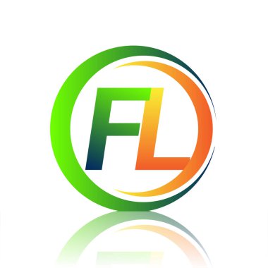İlk harf logosu FL şirketi daire ve swoosh tasarımında yeşil ve turuncu renkli. İş ve şirket kimliği için vektör logosu.