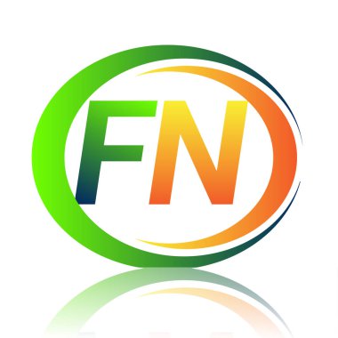 İlk harf logosu FN şirketi yeşil ve turuncu renkli daire ve swoosh tasarımlı. İş ve şirket kimliği için vektör logosu.