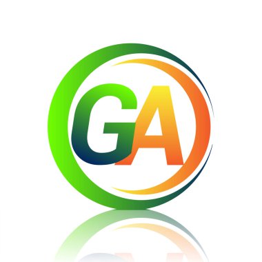 İlk harf logosu GA şirketinin adı yeşil ve turuncu renkli daire ve swoosh tasarımı. İş ve şirket kimliği için vektör logosu.