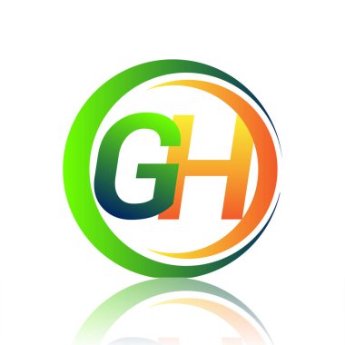 İlk harf amblemi GH şirketinin adı yeşil ve turuncu renkli daire ve swoosh tasarımı. İş ve şirket kimliği için vektör logosu.