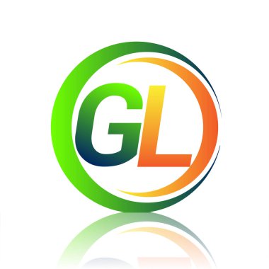 İlk harf logosu GL şirketinin daire ve swoosh tasarımında yeşil ve turuncu rengi. İş ve şirket kimliği için vektör logosu.