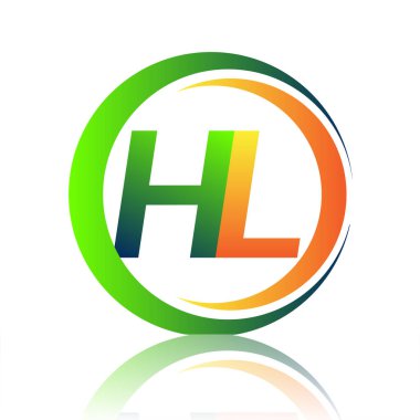 İlk harf logosu HL şirketi daire ve swoosh tasarımında yeşil ve turuncu renkli. İş ve şirket kimliği için vektör logosu.