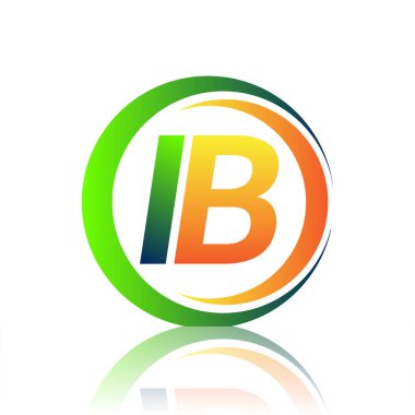İlk harf logosu IB şirketi daire ve swoosh tasarımında yeşil ve turuncu renkli. İş ve şirket kimliği için vektör logosu.