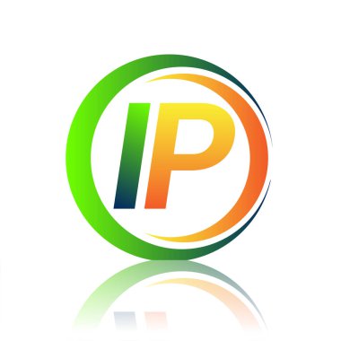 İlk harf logosu IP şirketi yeşil ve turuncu renkli daire ve swoosh tasarımlı. İş ve şirket kimliği için vektör logosu.