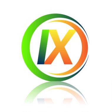 İlk harf logosu IX şirketi daire ve swoosh tasarımında yeşil ve turuncu renkli. İş ve şirket kimliği için vektör logosu.