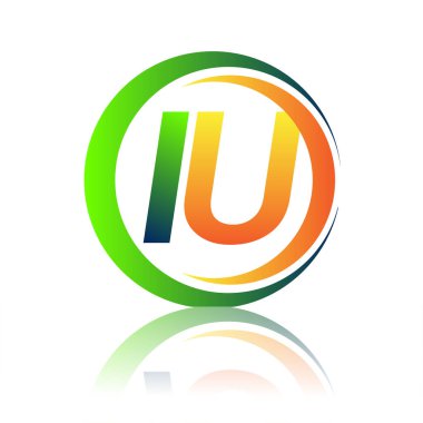 İlk harf logosu IU şirketinin adı yeşil ve turuncu renkli daire ve swoosh tasarımı. İş ve şirket kimliği için vektör logosu.