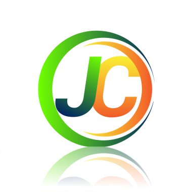 İlk harf logosu JC şirketi yeşil ve turuncu renkli daire ve swoosh tasarımlı. İş ve şirket kimliği için vektör logosu.