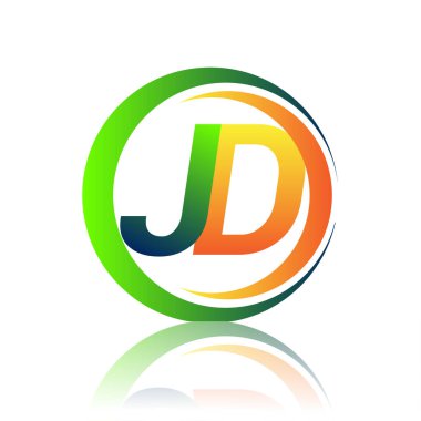 İlk harf logosu JD şirketi yeşil ve turuncu renkli daire ve swoosh tasarımlı. İş ve şirket kimliği için vektör logosu.