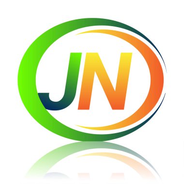 İlk harf logosu JN şirketi daire ve swoosh tasarımında yeşil ve turuncu renkli. İş ve şirket kimliği için vektör logosu.