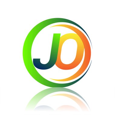 İlk harf logosu JO şirketi yeşil ve turuncu renkli daire ve swoosh tasarımlı. İş ve şirket kimliği için vektör logosu.