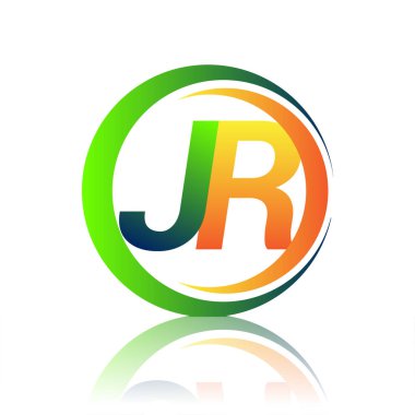 İlk harf logosu JR şirketi yeşil ve turuncu renkli daire ve swoosh tasarımlı. İş ve şirket kimliği için vektör logosu.
