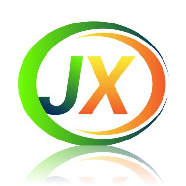 İlk harf logosu JX şirketi daire ve swoosh tasarımında yeşil ve turuncu renkli. İş ve şirket kimliği için vektör logosu.
