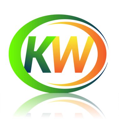 İlk harf logosu KW şirketi yeşil ve turuncu renkli daire ve swoosh tasarımlı. İş ve şirket kimliği için vektör logosu.