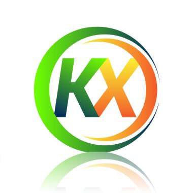 İlk harf logosu KX şirketi daire ve swoosh tasarımında yeşil ve turuncu renkli. İş ve şirket kimliği için vektör logosu.
