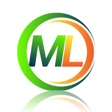 İlk harf logosu ML şirketi yeşil ve turuncu renkli daire ve swoosh tasarımlı. İş ve şirket kimliği için vektör logosu.