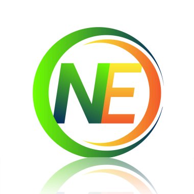 İlk harf NE şirket logosu daire ve swoosh tasarım üzerinde yeşil ve turuncu renk. İş ve şirket kimliği için vektör logosu.