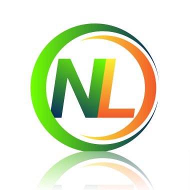 İlk harf NL logosu yeşil ve turuncu renkli daire ve swoosh tasarımlı. İş ve şirket kimliği için vektör logosu.
