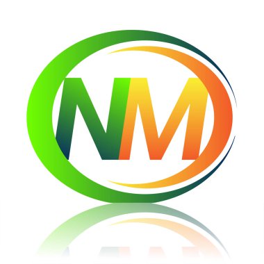 İlk harf logosu NM şirketi yeşil ve turuncu renkli daire ve swoosh tasarımlı. İş ve şirket kimliği için vektör logosu.