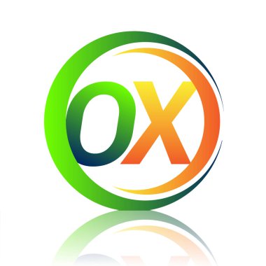 İlk harf logosu OX şirketi daire ve swoosh tasarımında yeşil ve turuncu renkli. İş ve şirket kimliği için vektör logosu.