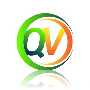 İlk harf QV şirket adı yeşil ve turuncu renkli daire ve swoosh tasarımı. İş ve şirket kimliği için vektör logosu.