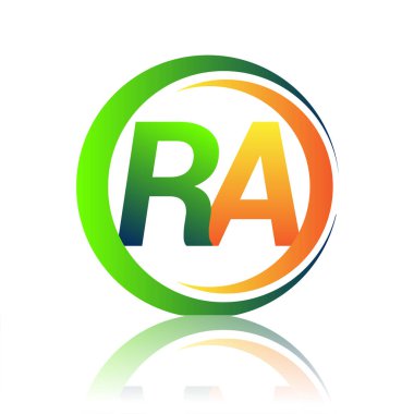 İlk harf logo RA şirketinin adı yeşil ve turuncu renkli daire ve swoosh tasarımı. İş ve şirket kimliği için vektör logosu.