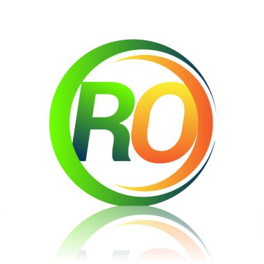 İlk harf logosu RO şirketinin adı yeşil ve turuncu renkli daire ve swoosh tasarımı. İş ve şirket kimliği için vektör logosu.