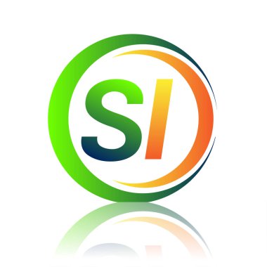 İlk harf logosu SI şirketi yeşil ve turuncu renkli daire ve swoosh tasarımlı. İş ve şirket kimliği için vektör logosu.