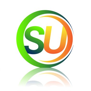 İlk harf logosu SU şirketi yeşil ve turuncu renkli daire ve swoosh tasarımlı. İş ve şirket kimliği için vektör logosu.