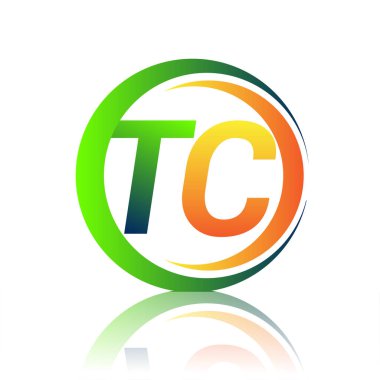 İlk harf logosu TC şirketi yeşil ve turuncu renkli daire ve swoosh tasarımlı. İş ve şirket kimliği için vektör logosu.