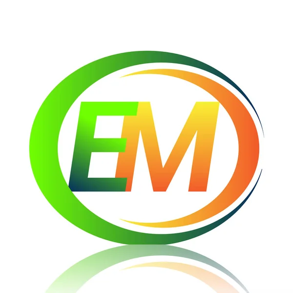 首字母标识Em公司名称绿色和橙色圆形和斜纹图案 企业和公司标识的向量标志类型 — 图库矢量图片