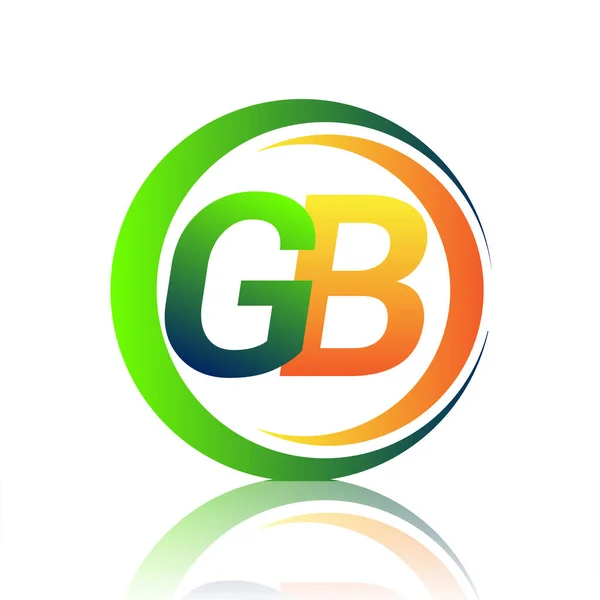 初期の文字のロゴGb社名サークル上の緑とオレンジの色とスウッシュデザイン ビジネスと会社のアイデンティティのためのベクトルロゴタイプ — ストックベクタ