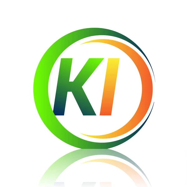首字母标识Ki公司名称绿色和橙色圆形和斜纹图案 企业和公司标识的向量标志类型 — 图库矢量图片