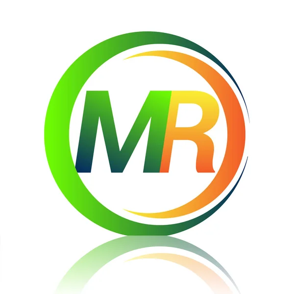 初期の文字のロゴMr会社名サークル上の緑とオレンジの色とスウッシュデザイン ビジネスと会社のアイデンティティのためのベクトルロゴタイプ — ストックベクタ