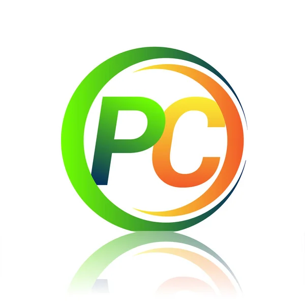 首字母标识Pc公司名称绿色和橙色圆形和斜纹图案 企业和公司标识的向量标志类型 — 图库矢量图片