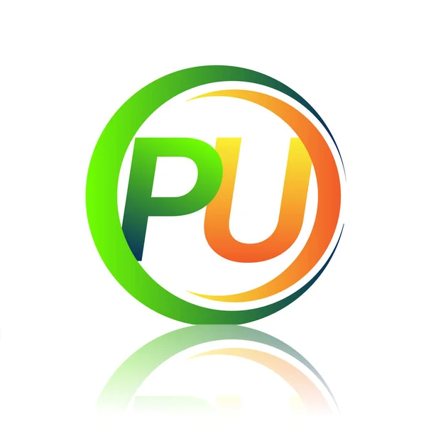 初期の文字のロゴPu社名サークル上の緑とオレンジの色とスウッシュデザイン ビジネスと会社のアイデンティティのためのベクトルロゴタイプ — ストックベクタ