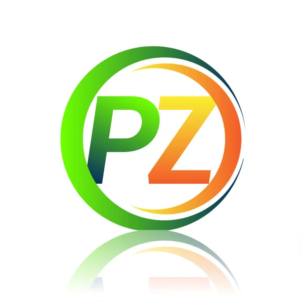 初期の文字のロゴPz社名サークル上の緑とオレンジの色とスウッシュデザイン ビジネスと会社のアイデンティティのためのベクトルロゴタイプ — ストックベクタ