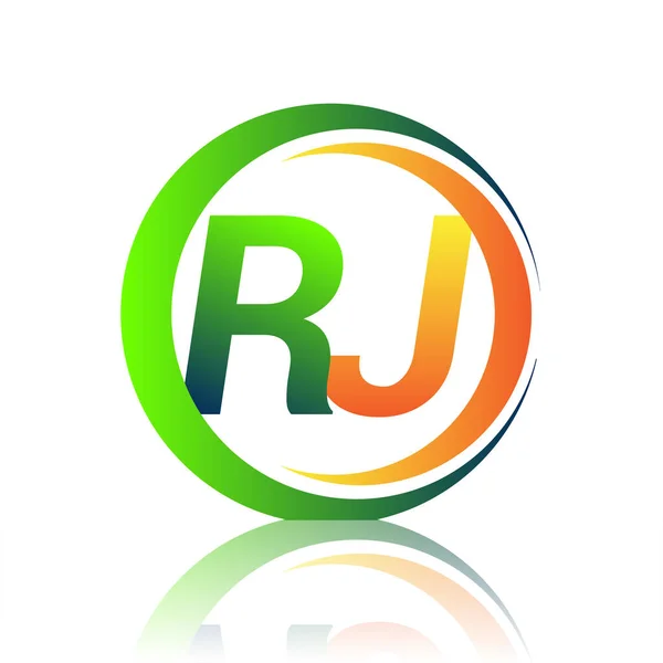 頭文字ロゴRj社名緑とオレンジ丸とスウッシュのデザイン ビジネスと会社のアイデンティティのためのベクトルロゴタイプ — ストックベクタ