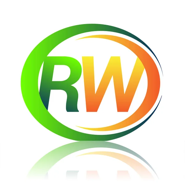 初期の文字のロゴRw会社名円上の緑とオレンジの色とスウッシュデザイン ビジネスと会社のアイデンティティのためのベクトルロゴタイプ — ストックベクタ