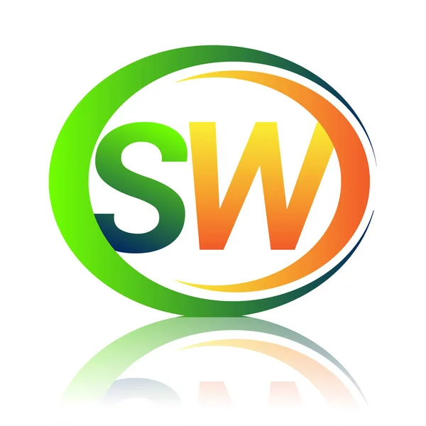 初期の文字のロゴSw会社名円上の緑とオレンジの色とスウッシュデザイン ビジネスと会社のアイデンティティのためのベクトルロゴタイプ — ストックベクタ