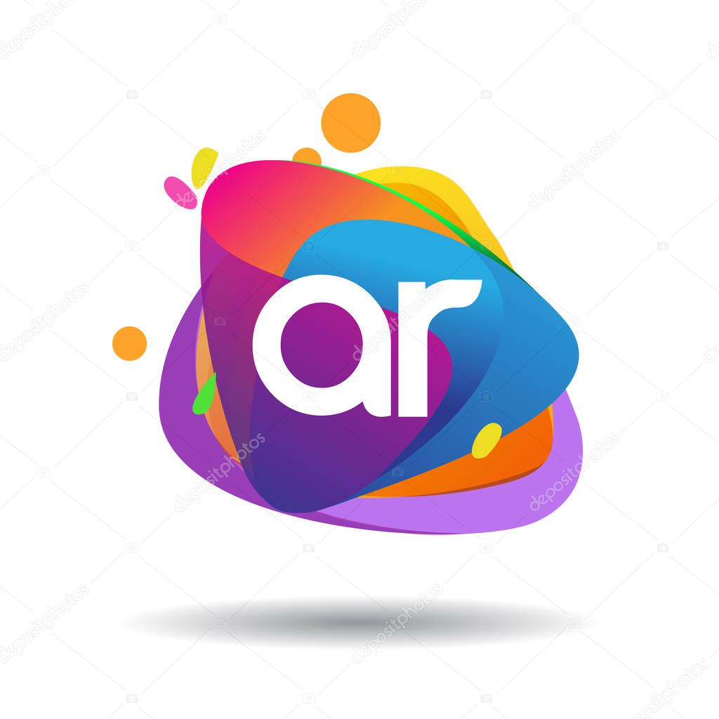Letter AR logo with colorful splash background, letter combination logo design for creative industry, web, business and company.