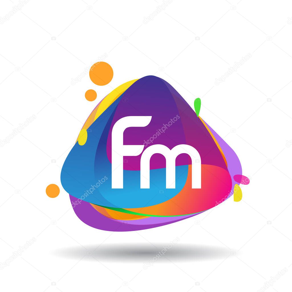 Letter FM logo with colorful splash background, letter combination logo design for creative industry, web, business and company.