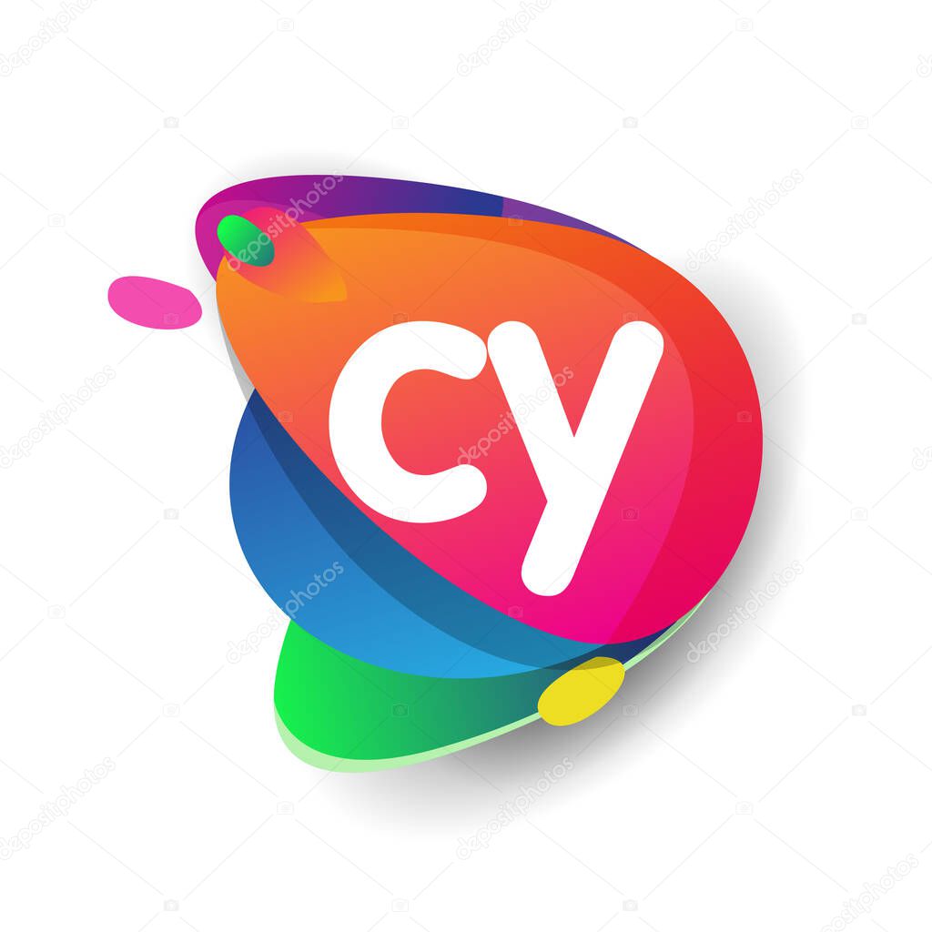 Letter CY logo with colorful splash background, letter combination logo design for creative industry, web, business and company.