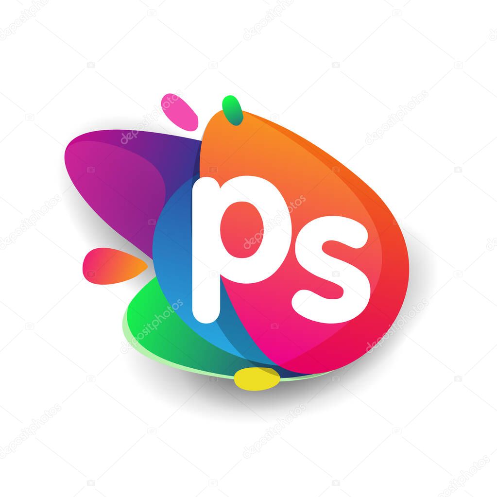 Letter PS logo with colorful splash background, letter combination logo design for creative industry, web, business and company.