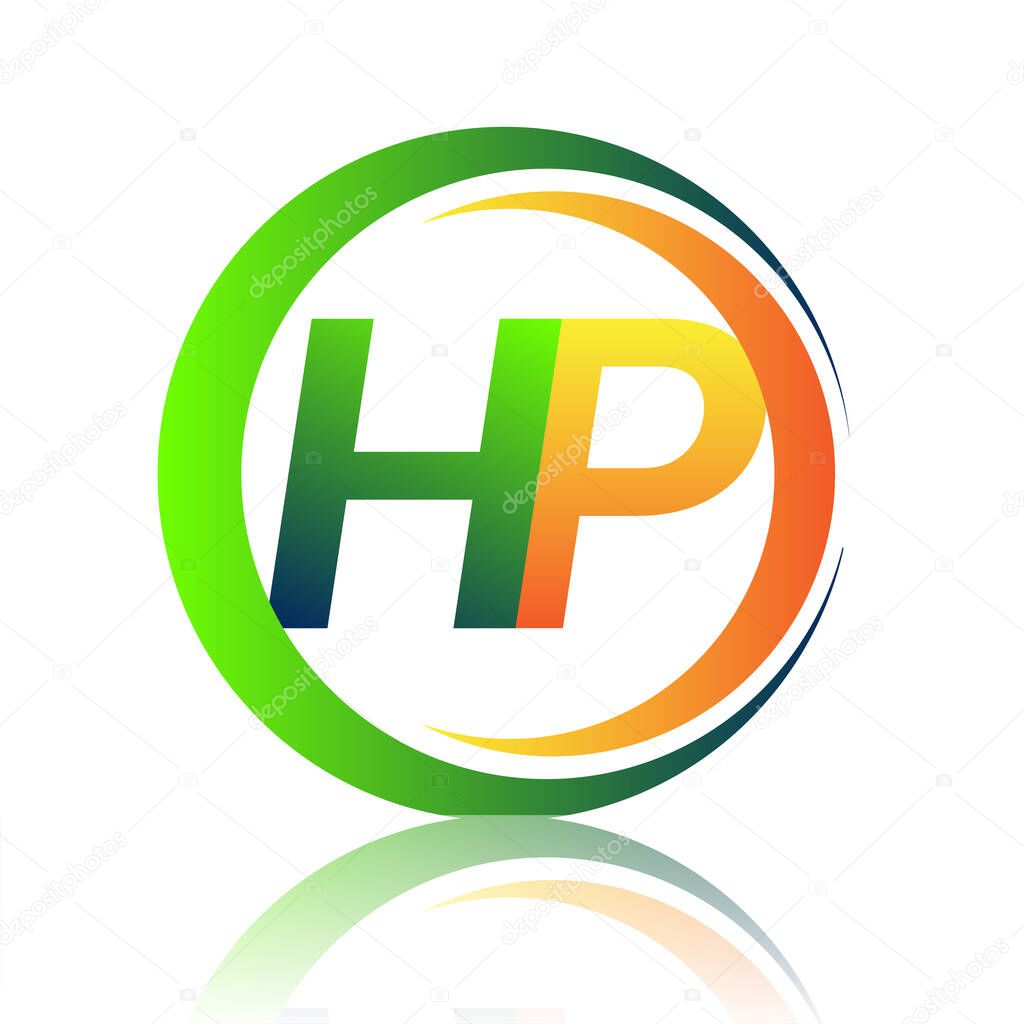 Initial letter logo HP company name green and orange color on circle and swoosh design. vector logotype for business and company identity.