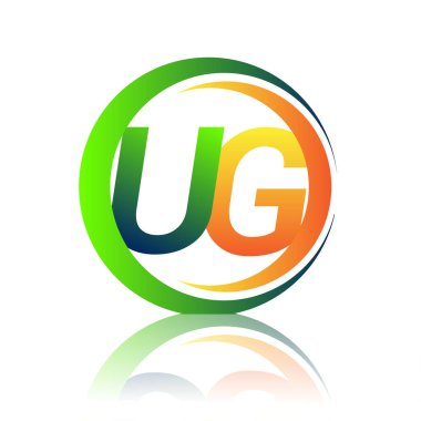 İlk harf logosu UG şirketi daire ve swoosh tasarımında yeşil ve turuncu renkli. İş ve şirket kimliği için vektör logosu.