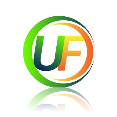 İlk harf logosu UF şirketi daire ve swoosh tasarımında yeşil ve turuncu renkli. İş ve şirket kimliği için vektör logosu.